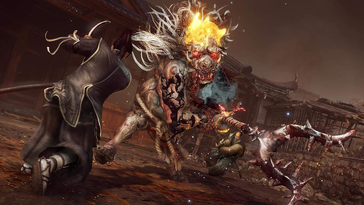 Intense Nioh 3 battle scene with warriors and monstrous enemies.