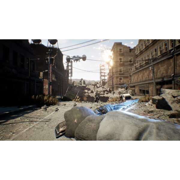 Ruined city street with debris and damaged buildings after disaster.
