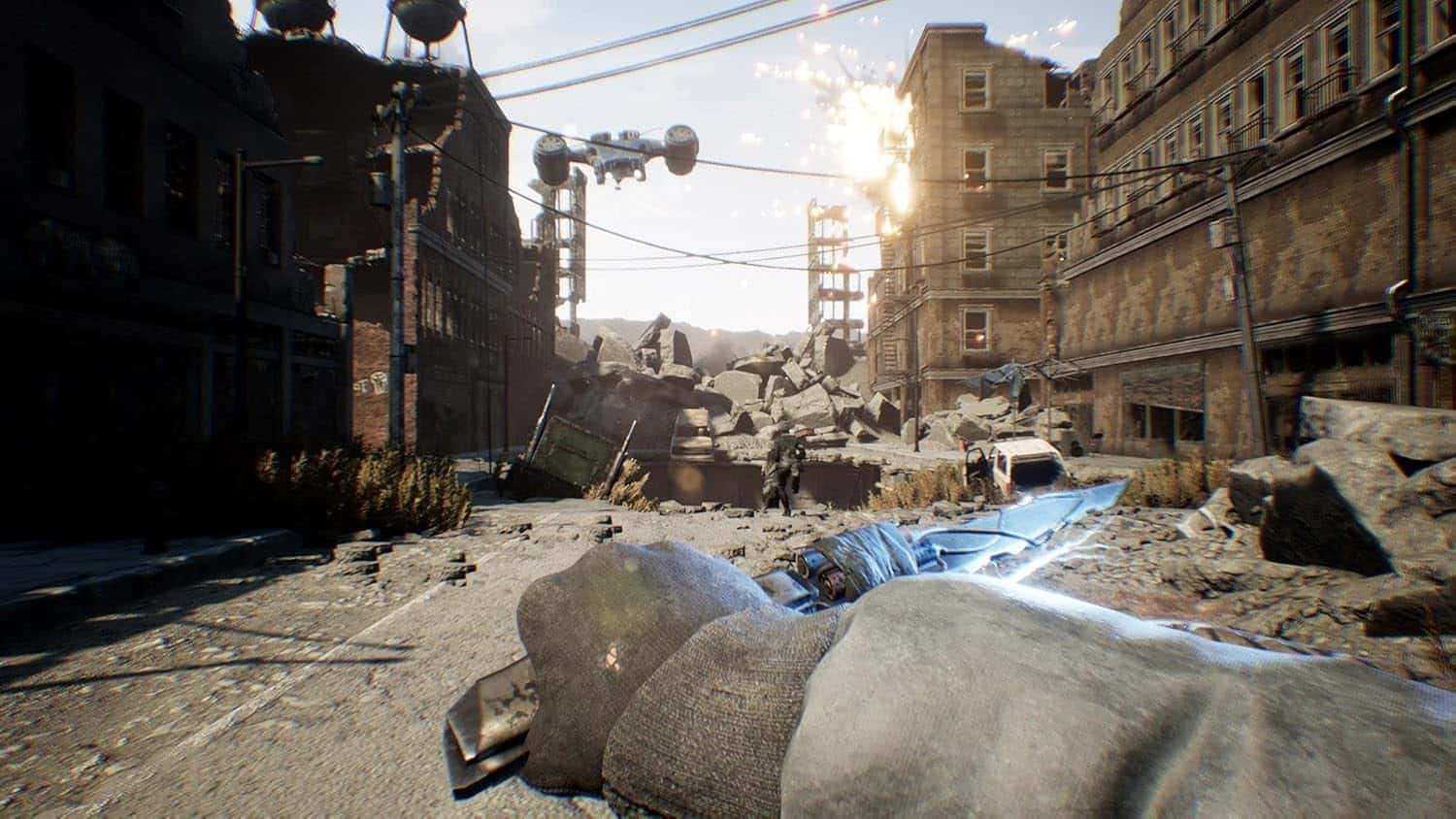 Ruined city street with debris and damaged buildings after disaster.