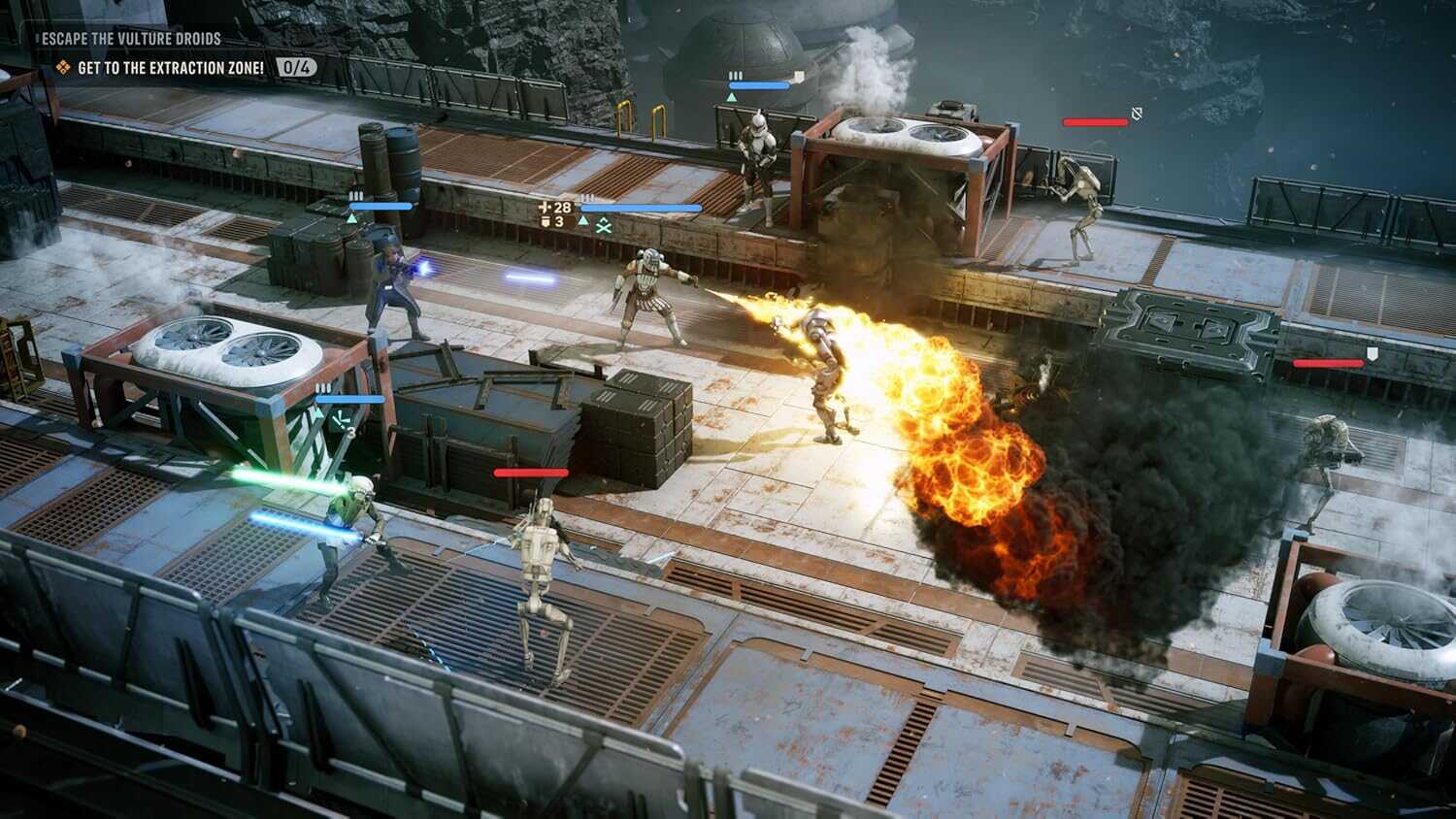 Futuristic battle scene from Star Wars: Zero Company with soldiers and explosions.