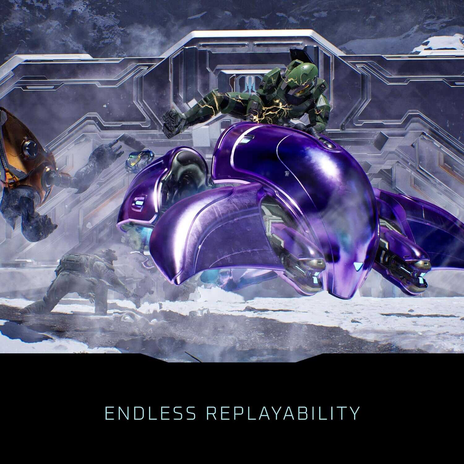 Futuristic combat scene from Halo with armored soldiers and advanced vehicles.
