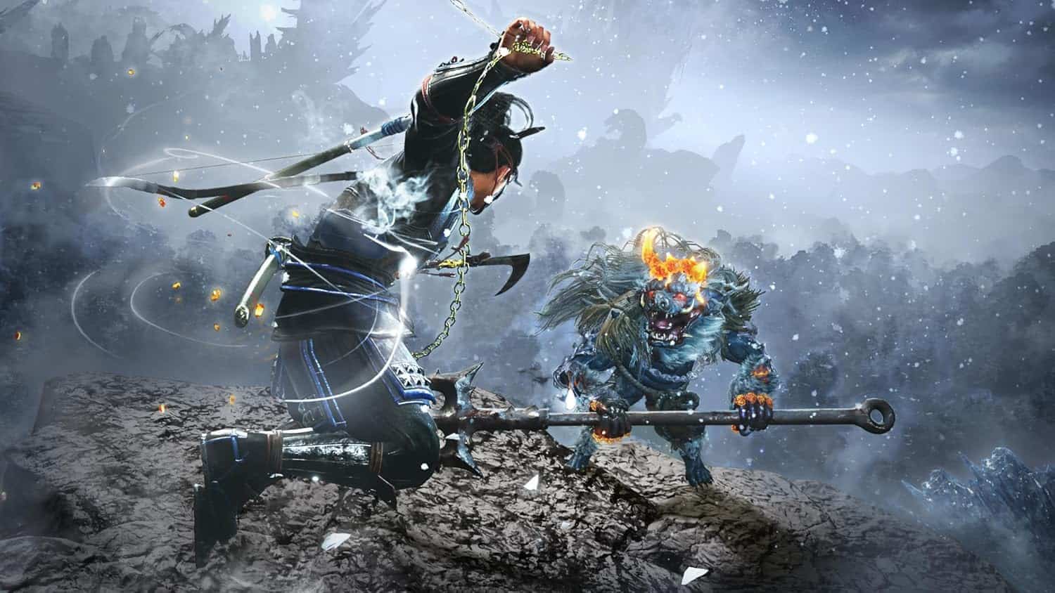 Nioh 3 game artwork featuring warrior battling supernatural creature.