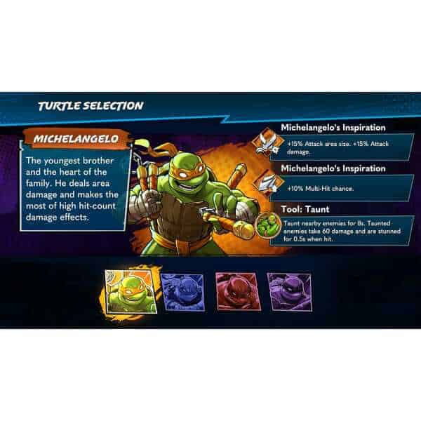 Michelangelo from Gameware Turtle Selection with attack and tool details.