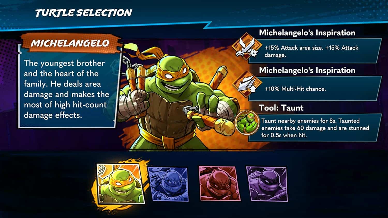 Michelangelo from Gameware Turtle Selection with attack and tool details.
