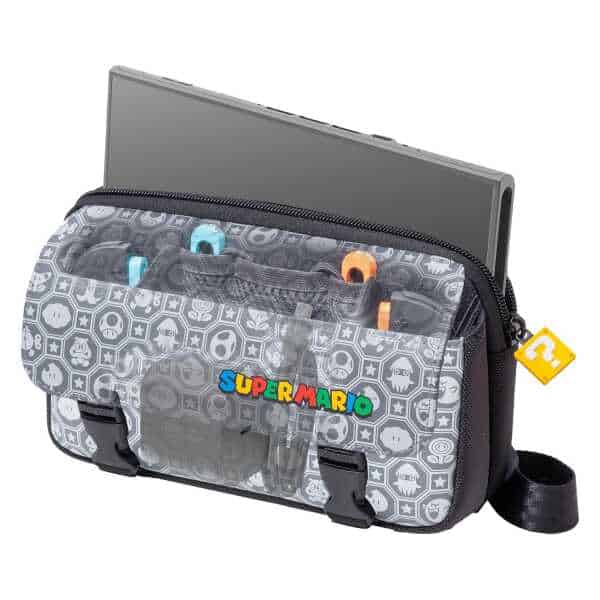 Nintendo Switch carrying case with Super Mario design and storage compartments.