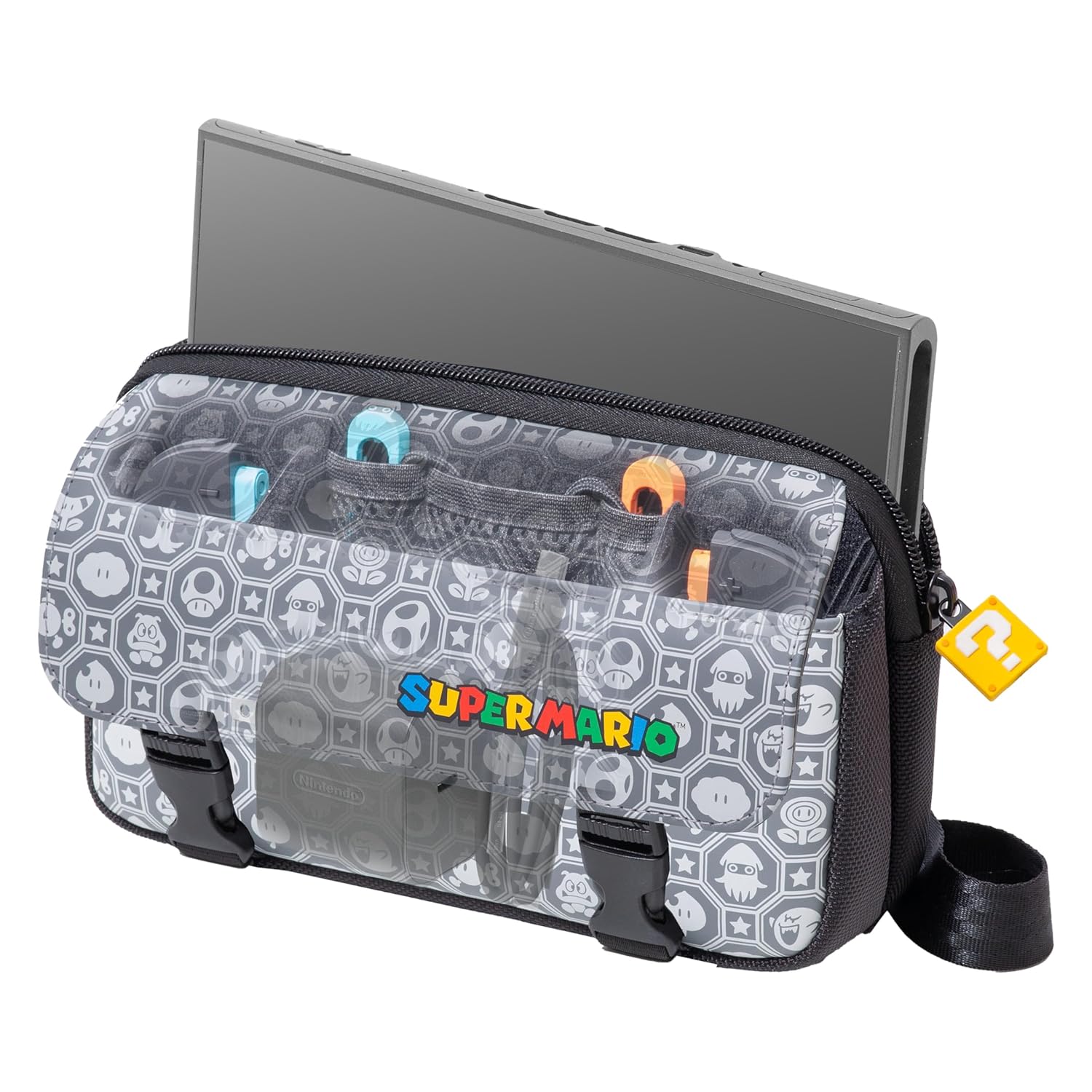 Nintendo Switch carrying case with Super Mario design and storage compartments.