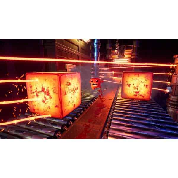 Super Meat Boy 3D character navigating fiery obstacle course.