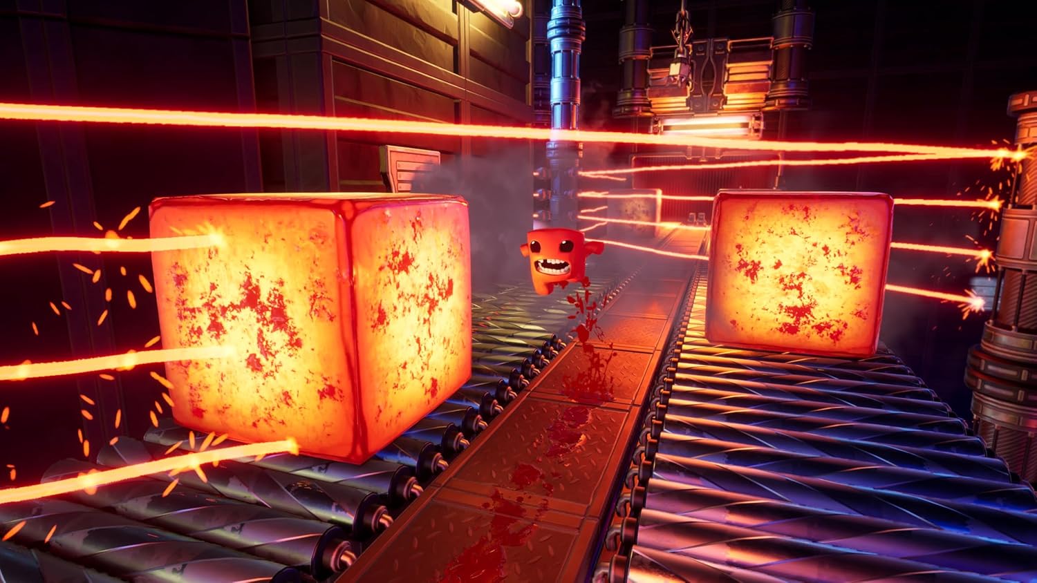 Super Meat Boy 3D character navigating fiery obstacle course.