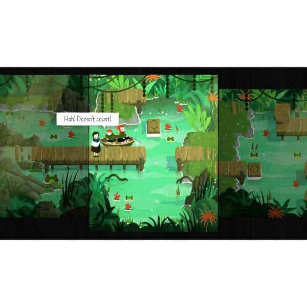 A lush jungle scene from Paper Trail with characters navigating a wooden bridge over water.