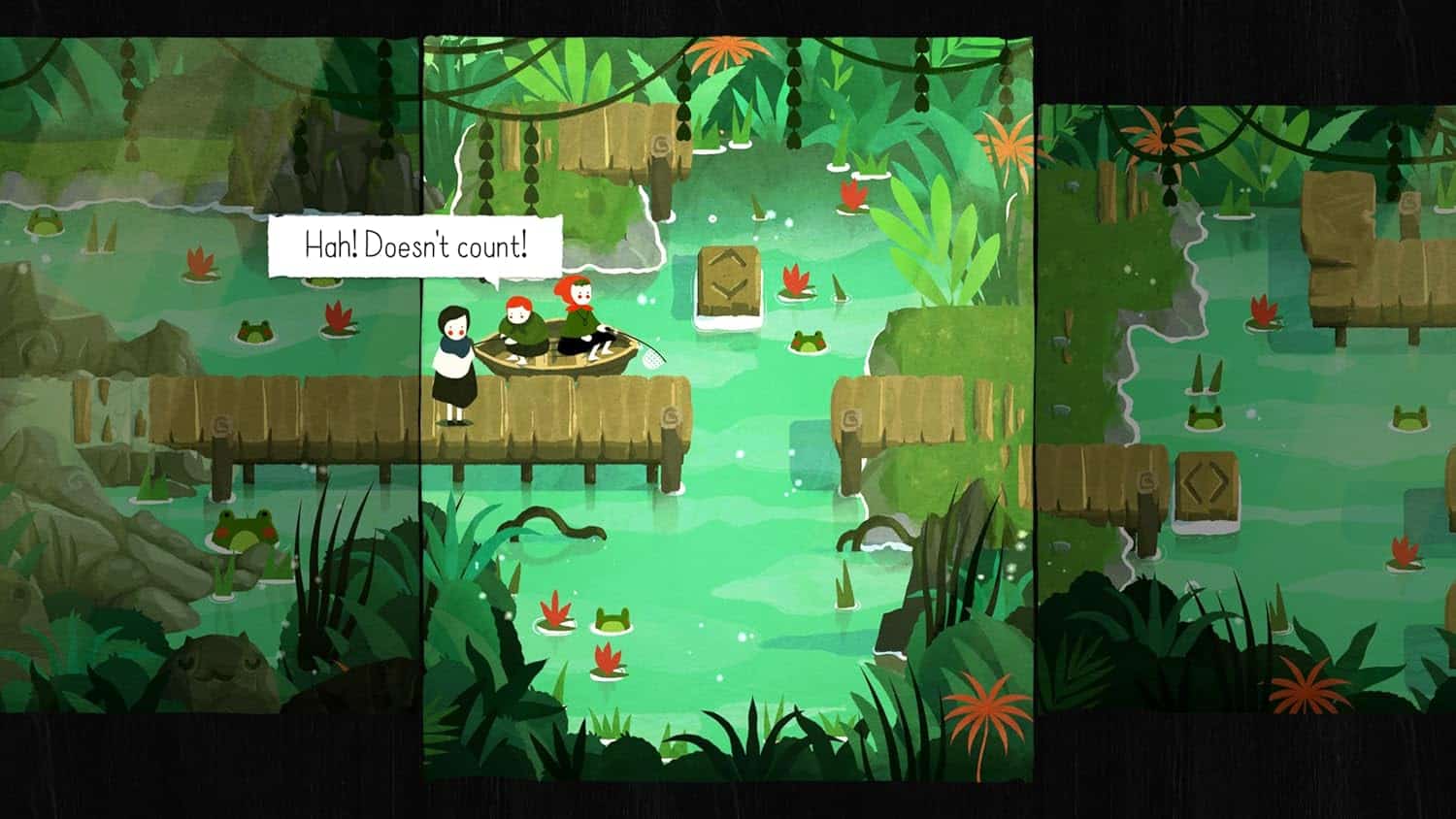 A lush jungle scene from Paper Trail with characters navigating a wooden bridge over water.