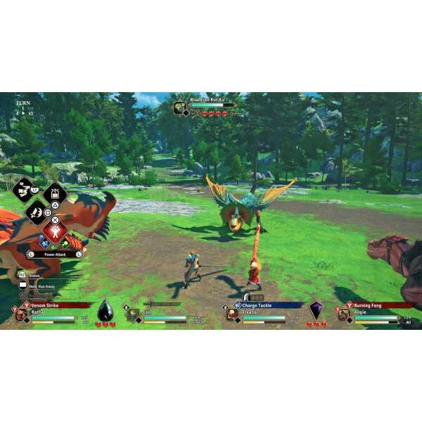 Epic battle scene from Monster Hunter Stories 3 with characters fighting a giant insect monster.