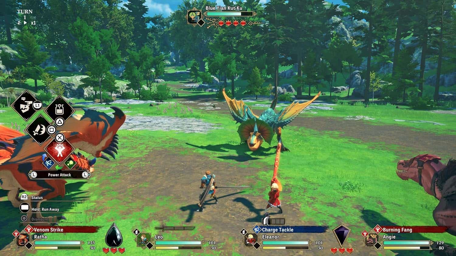 Epic battle scene from Monster Hunter Stories 3 with characters fighting a giant insect monster.