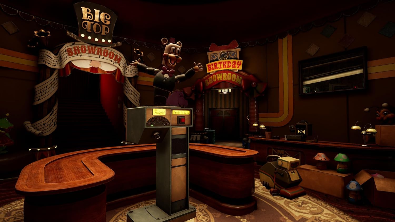 Indoor arcade with animatronic characters and gaming stations at Gameware.