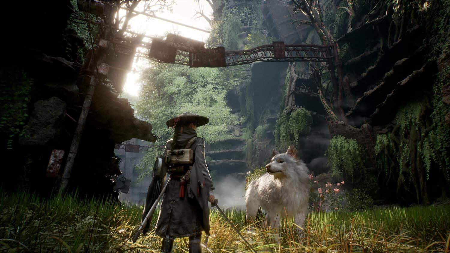 Fantasy forest with a warrior and a mystical white wolf in lush greenery.