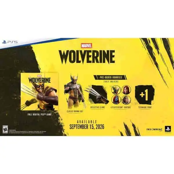 Wolverine game cover featuring Wolverine with claws extended and yellow background.