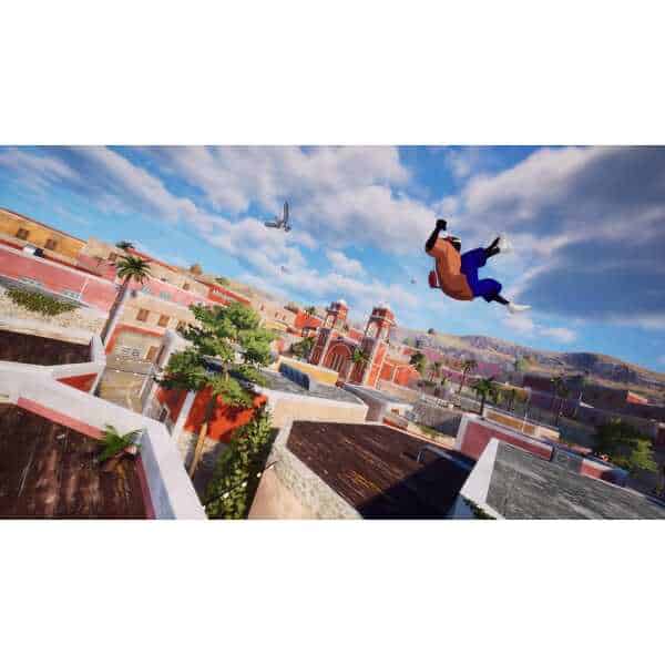 Dynamic scene of a character falling from rooftops in an urban environment.