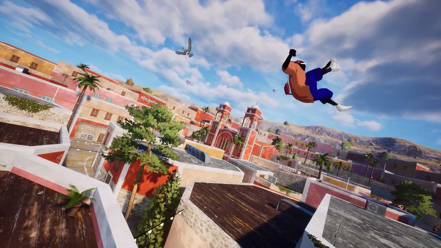 Dynamic scene of a character falling from rooftops in an urban environment.