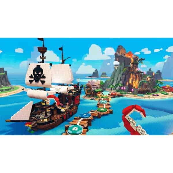 LEGO pirate ship sailing near a tropical island with volcano and lush landscape.