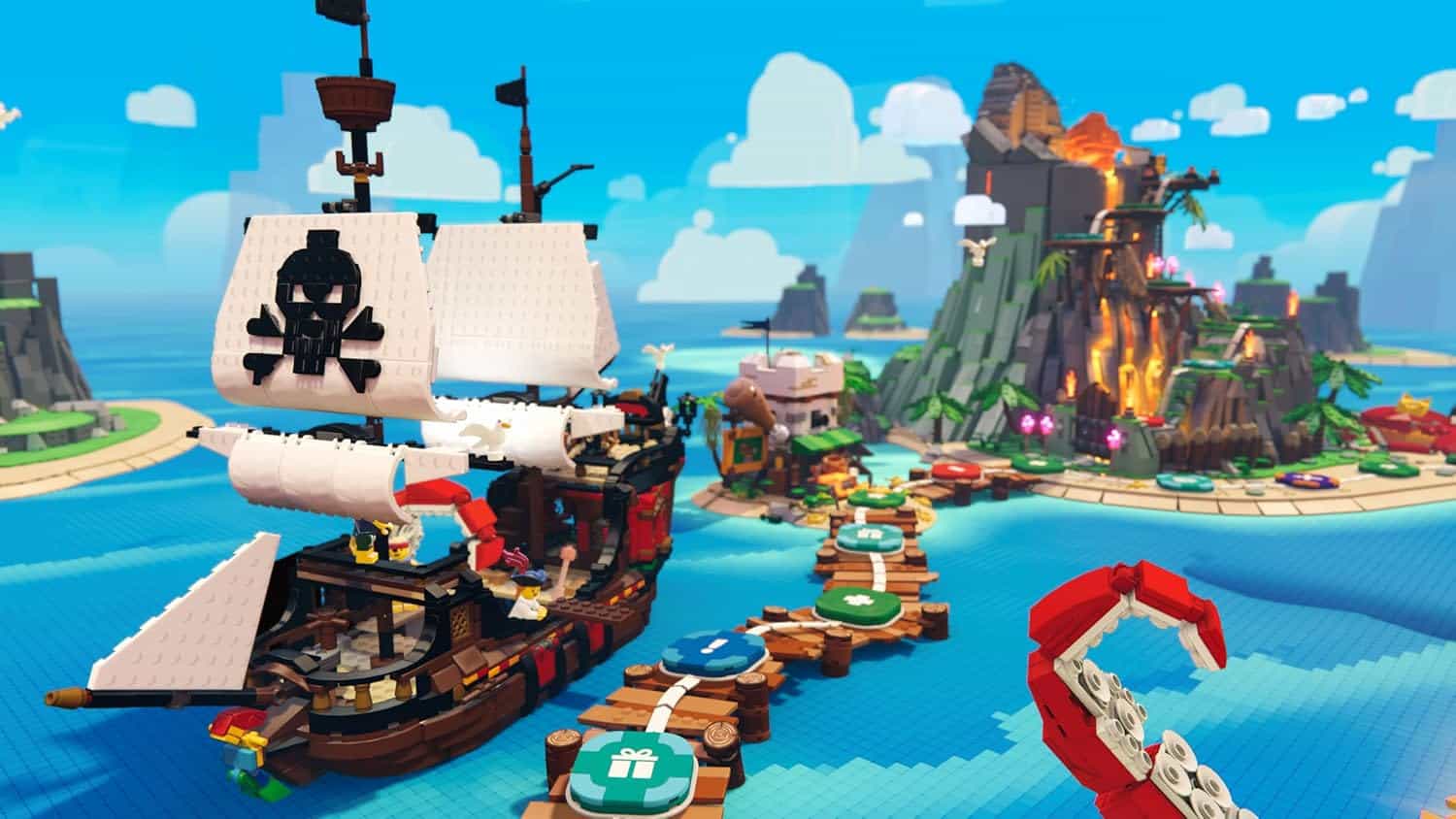 LEGO pirate ship sailing near a tropical island with volcano and lush landscape.