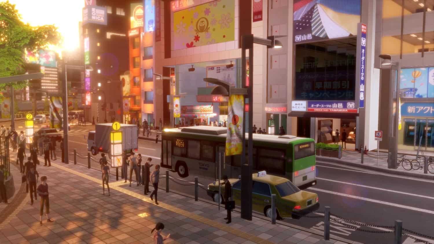Urban city scene with digital billboards and pedestrians in Times Square-style setting.