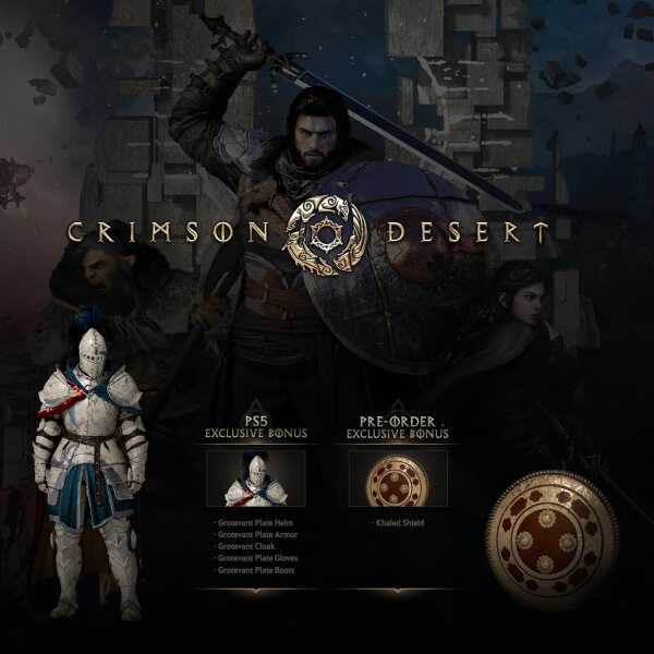 Crimson Desert game artwork featuring warriors and medieval armor.
