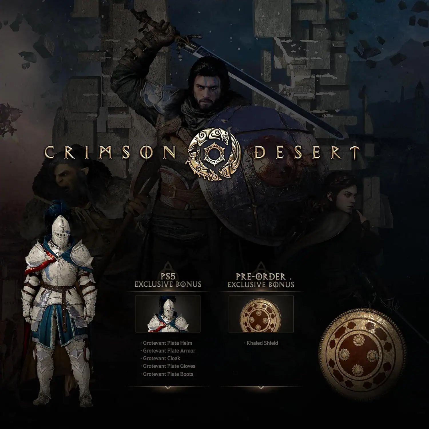 Crimson Desert game artwork featuring warriors and medieval armor.