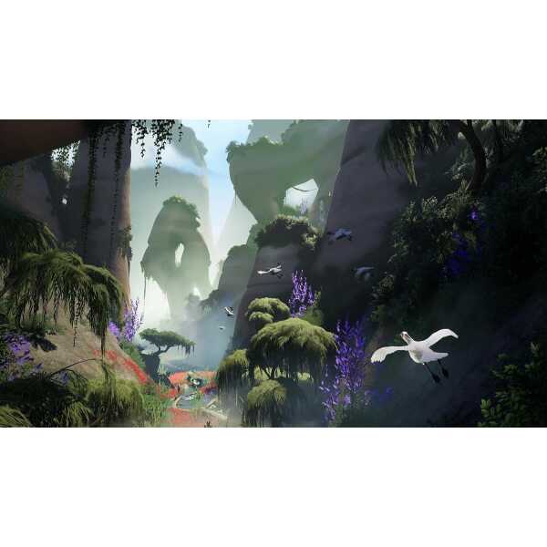 Enchanting fantasy landscape with lush greenery and flying birds.