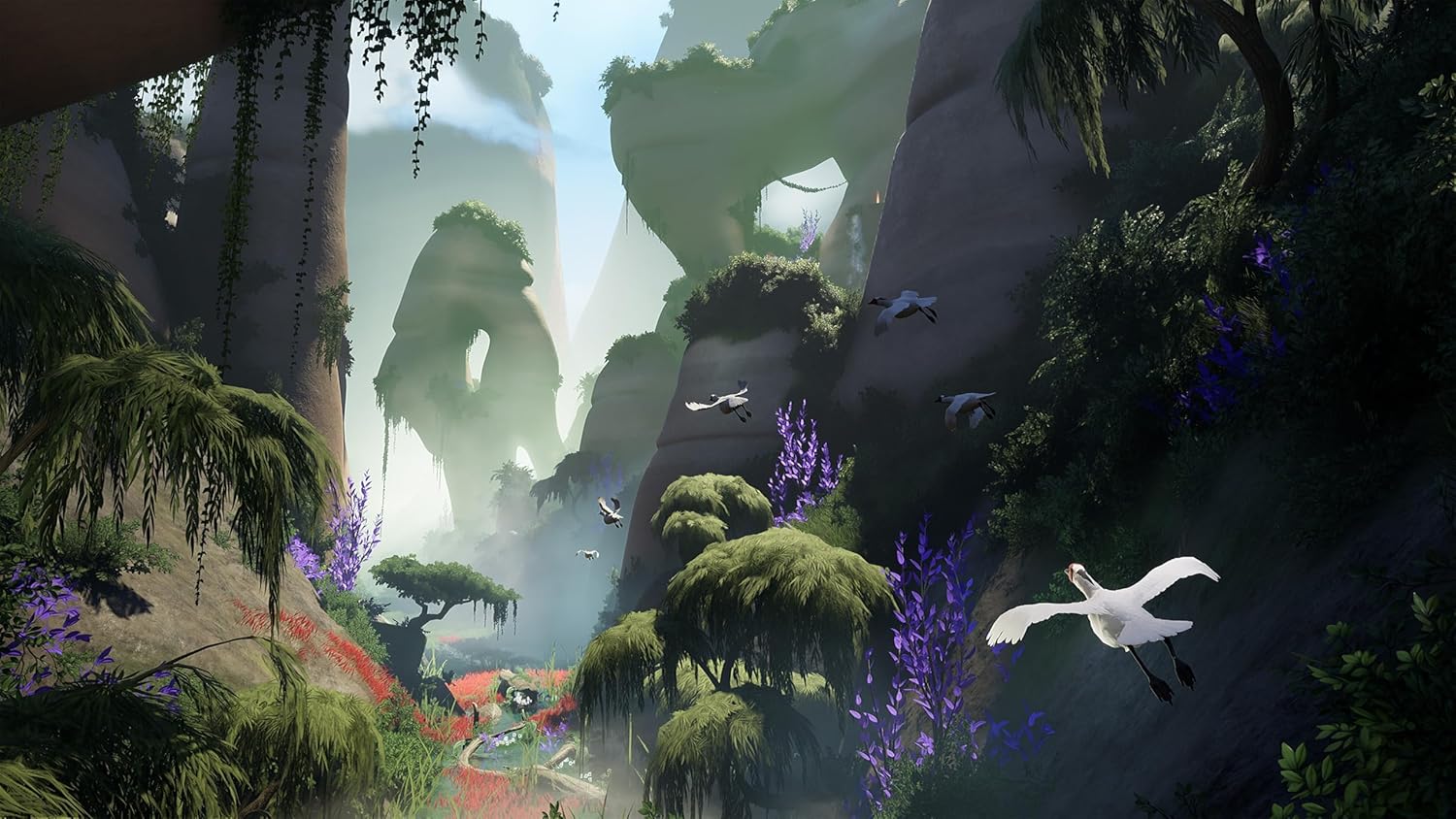 Enchanting fantasy landscape with lush greenery and flying birds.