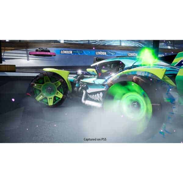 High-speed racing car with neon green accents on PS5 gaming console.