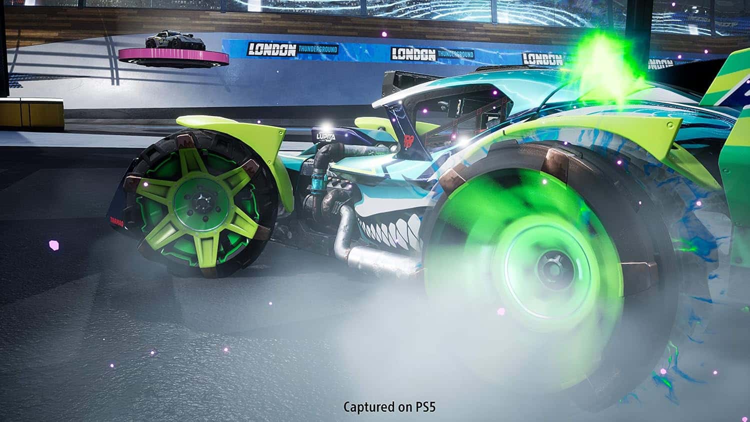 High-speed racing car with neon green accents on PS5 gaming console.