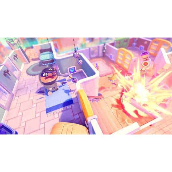 Cartoon bandit caught in a trap with explosion in colorful game environment.