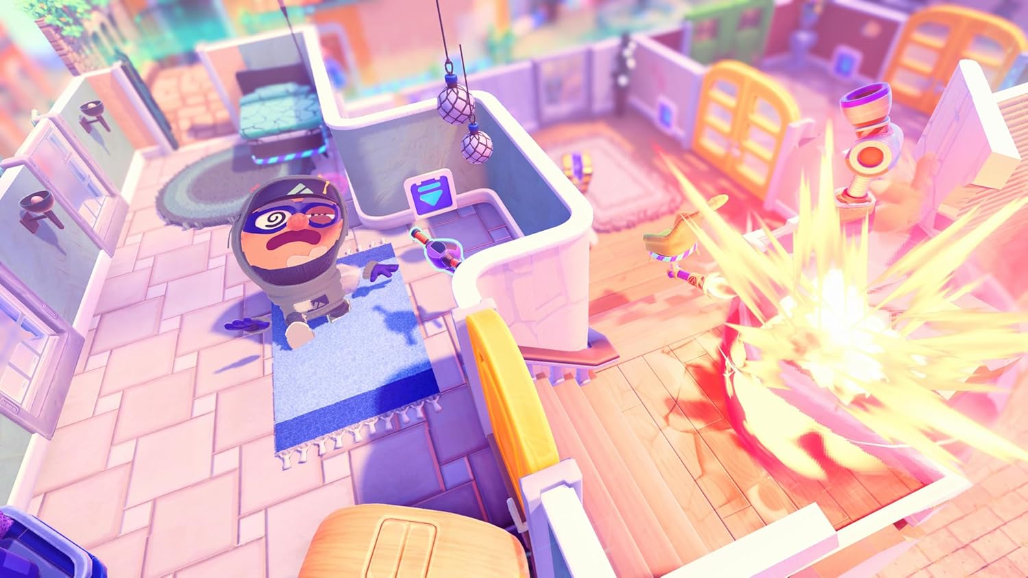 Cartoon bandit caught in a trap with explosion in colorful game environment.
