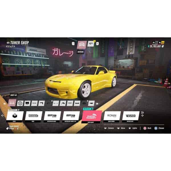 Bright yellow sports car in a game customization shop with various options displayed.