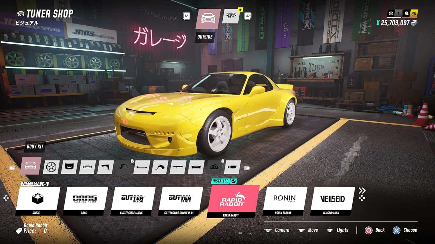 Bright yellow sports car in a game customization shop with various options displayed.