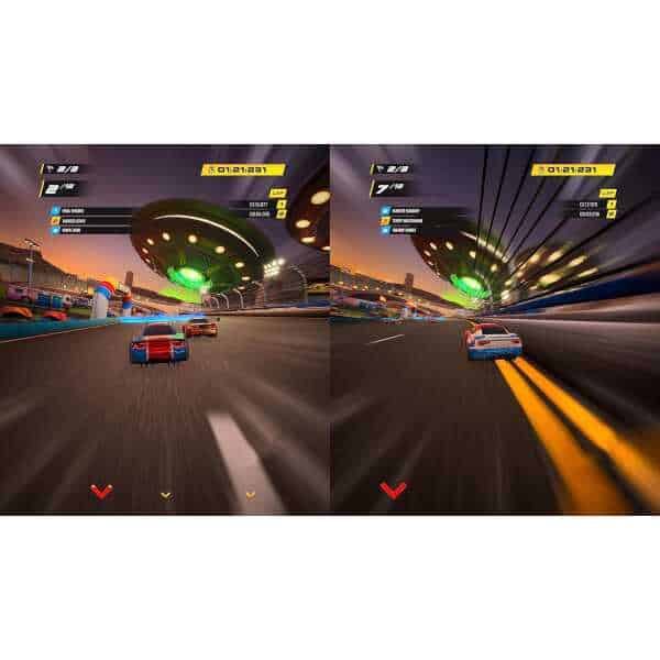 Futuristic racing game with high-speed cars and neon lights at sunset.
