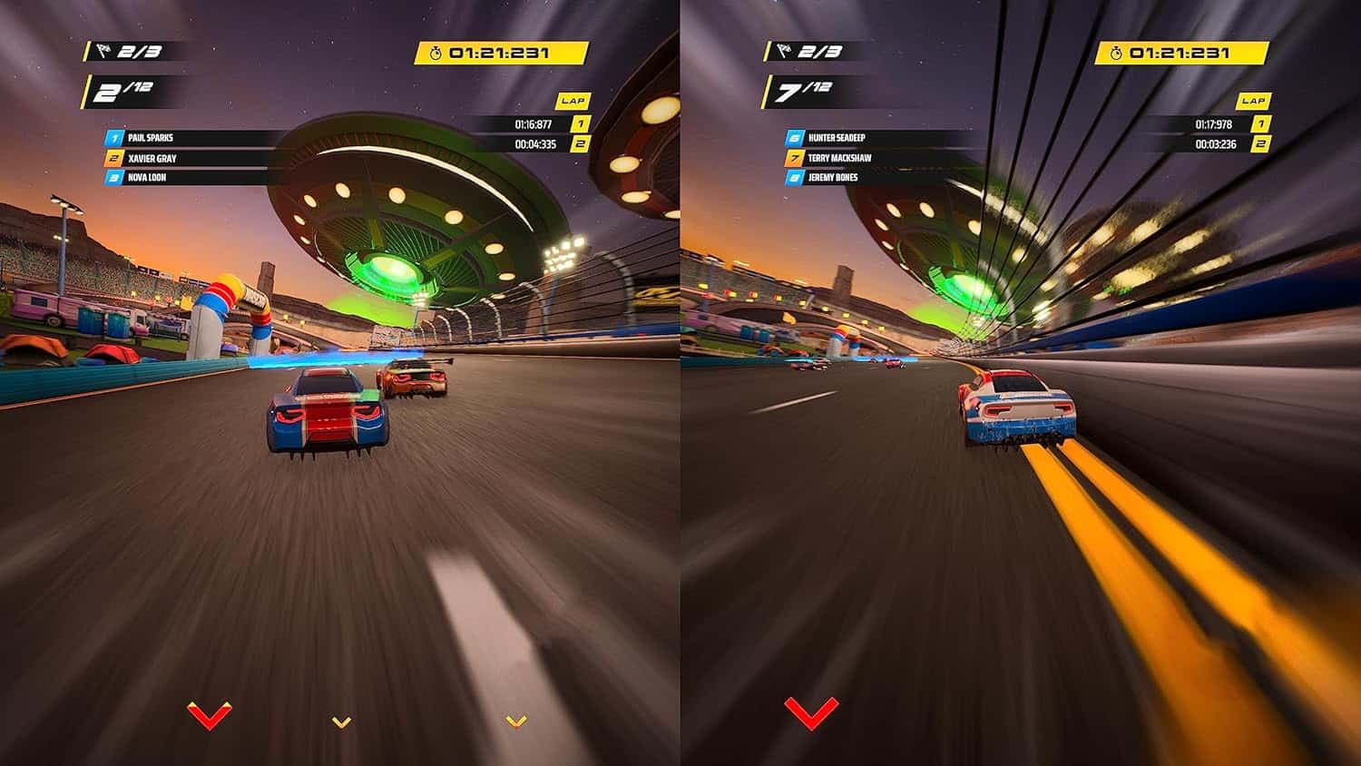 Futuristic racing game with high-speed cars and neon lights at sunset.