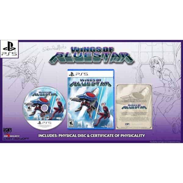 Cover art for Wings of Bluestar PS5 game featuring a futuristic aircraft and a female pilot.