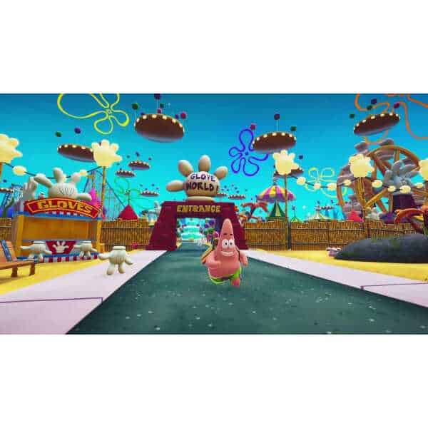 Colorful amusement park with SpongeBob running towards the entrance.