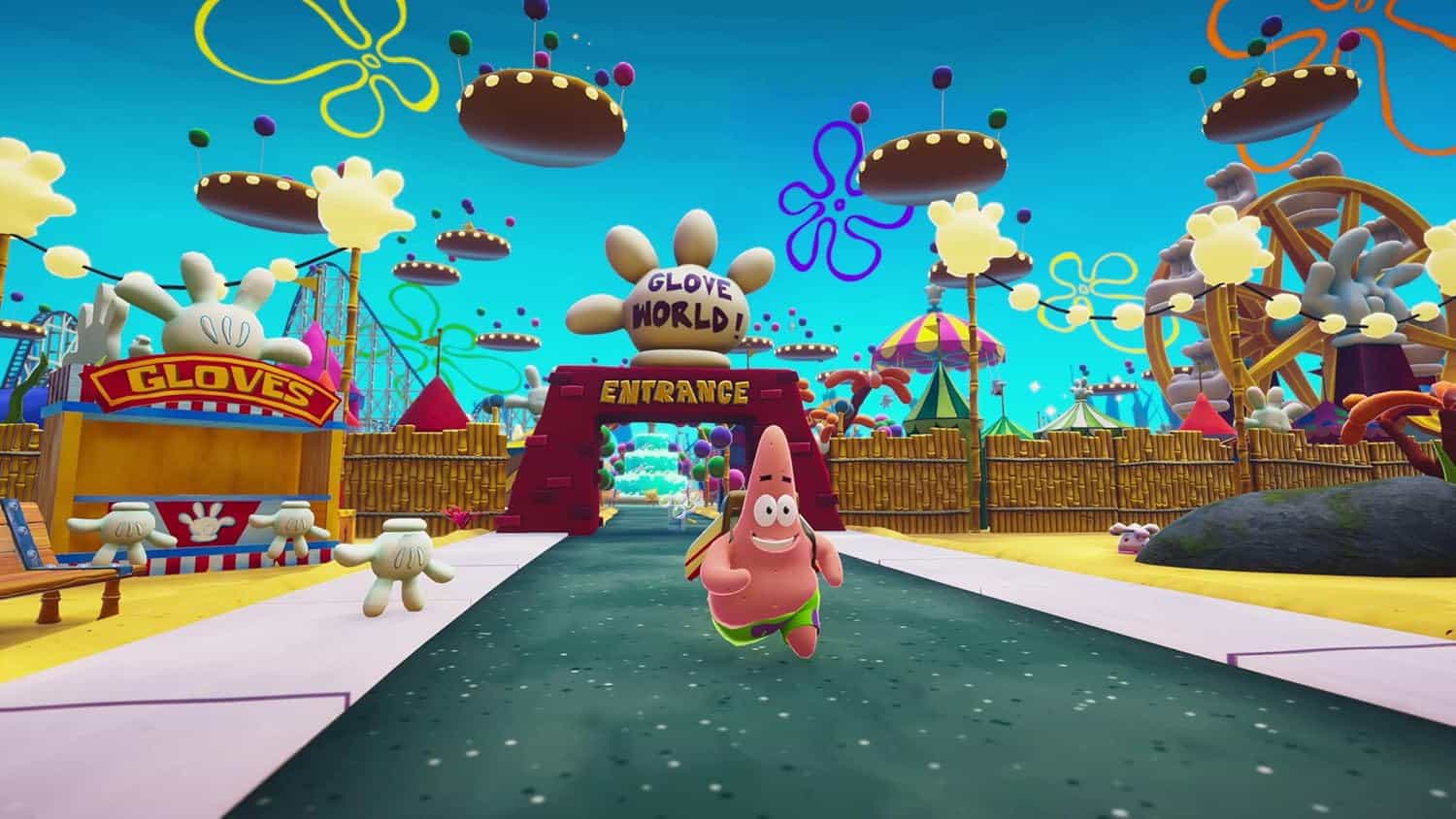 Colorful amusement park with SpongeBob running towards the entrance.