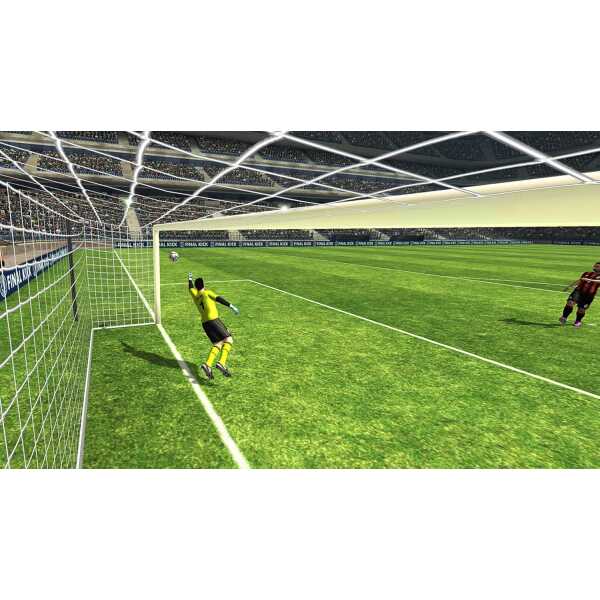 Virtual soccer stadium with goalkeeper and player in action.