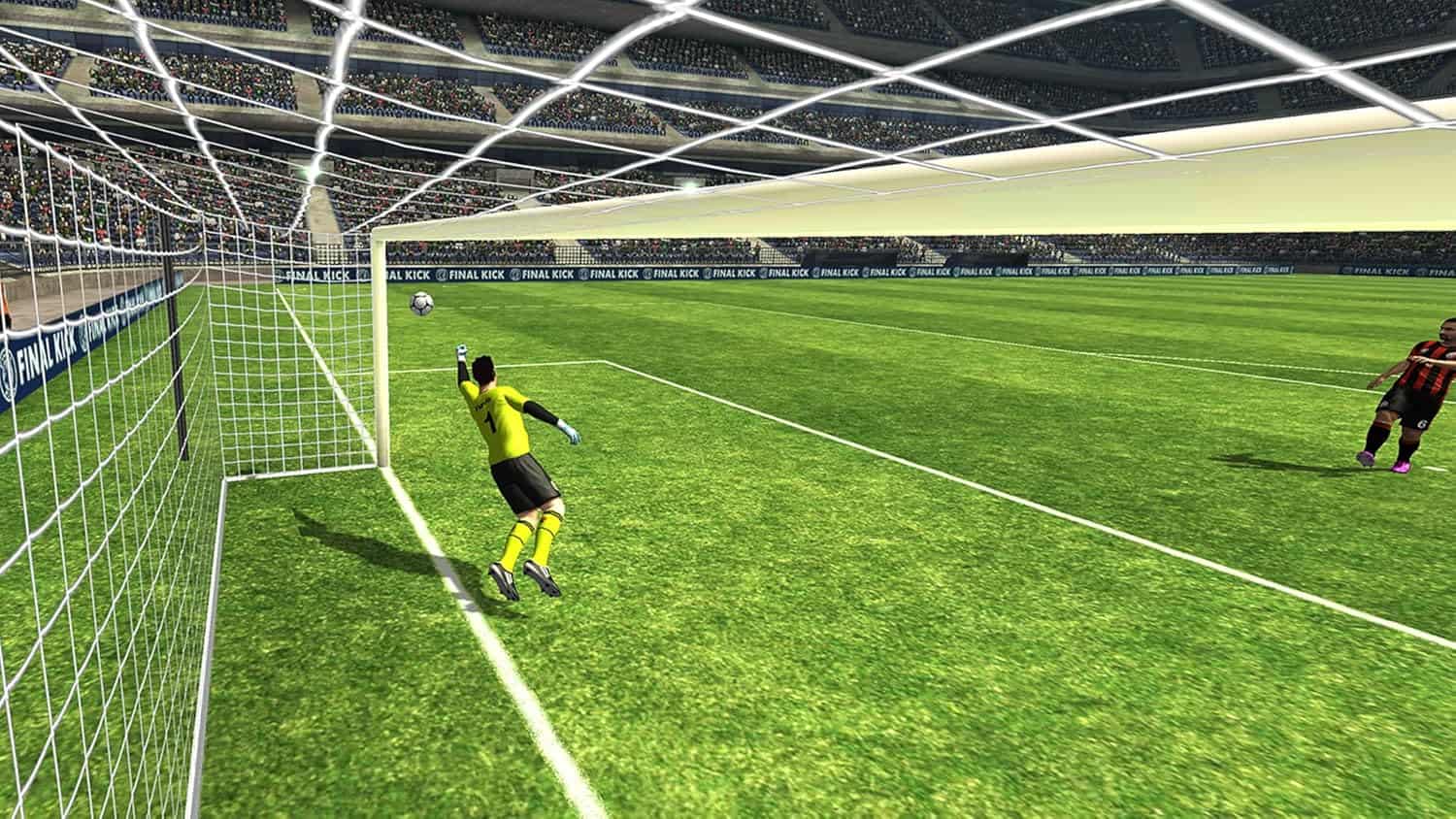 Virtual soccer stadium with goalkeeper and player in action.