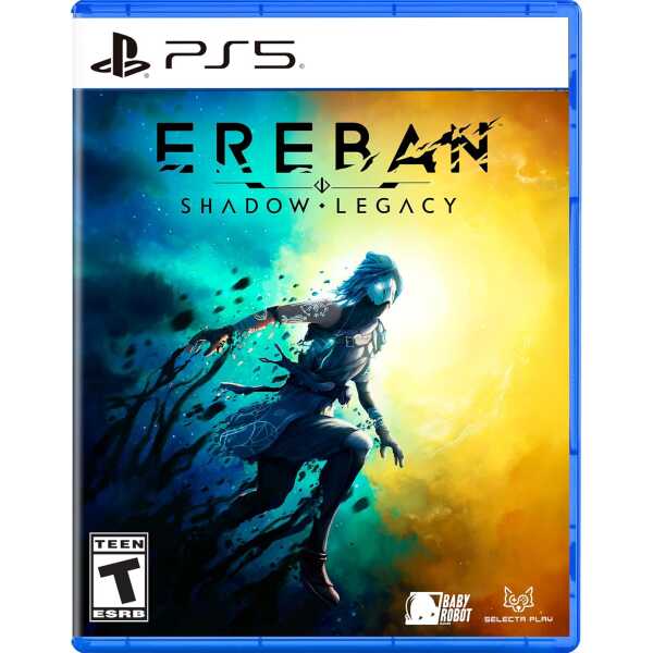 Shadow Legacy PS5 game cover featuring a shadowy character with glowing blue hair and mystical energ.
