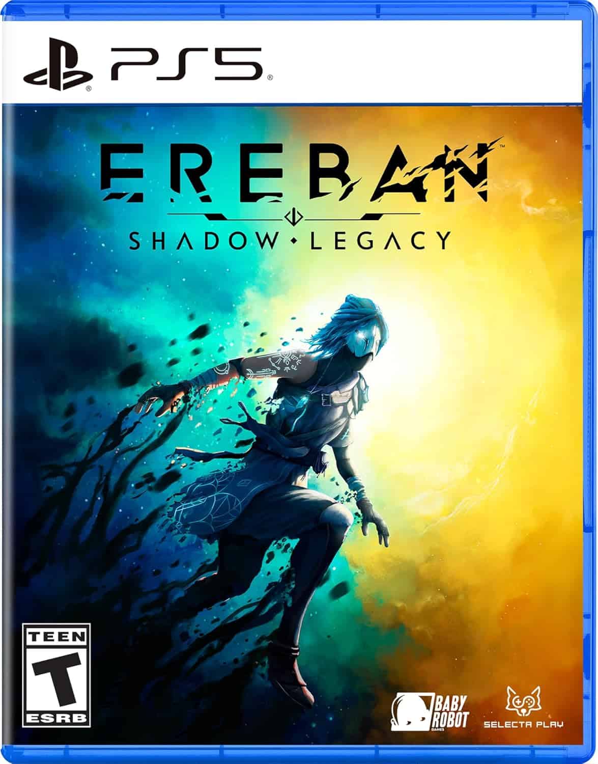 Shadow Legacy PS5 game cover featuring a shadowy character with glowing blue hair and mystical energ.