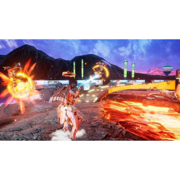 Ultraman battles in a fiery, volcanic arena with giant robots and explosions.