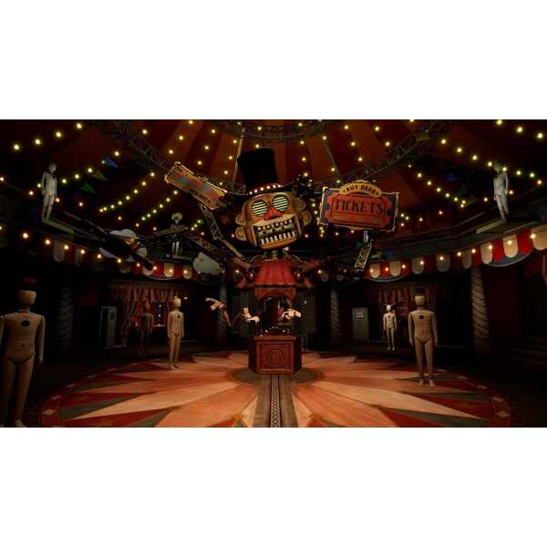 Vibrant carnival arcade with a spooky skull mascot and colorful lights.