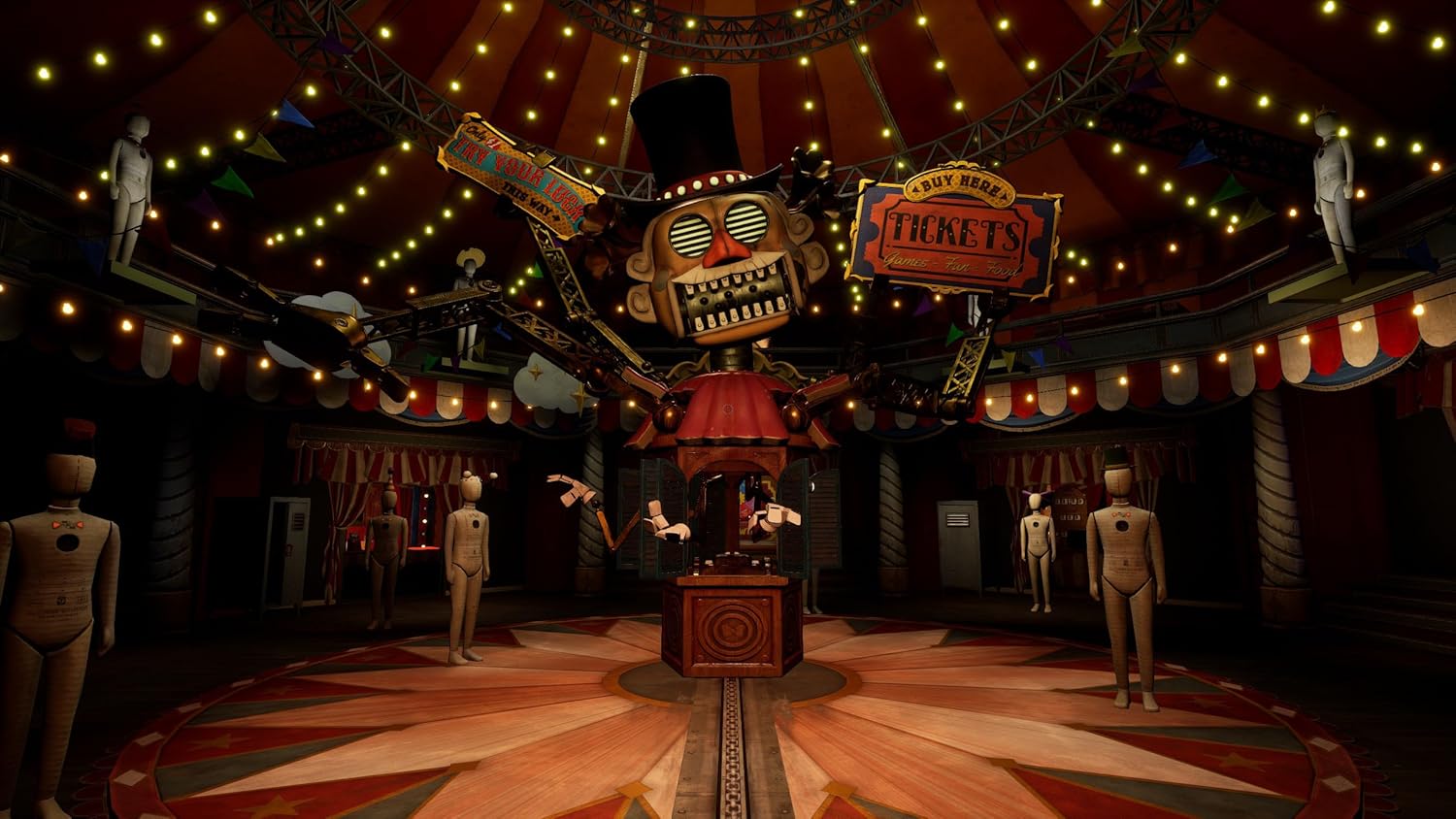 Vibrant carnival arcade with a spooky skull mascot and colorful lights.