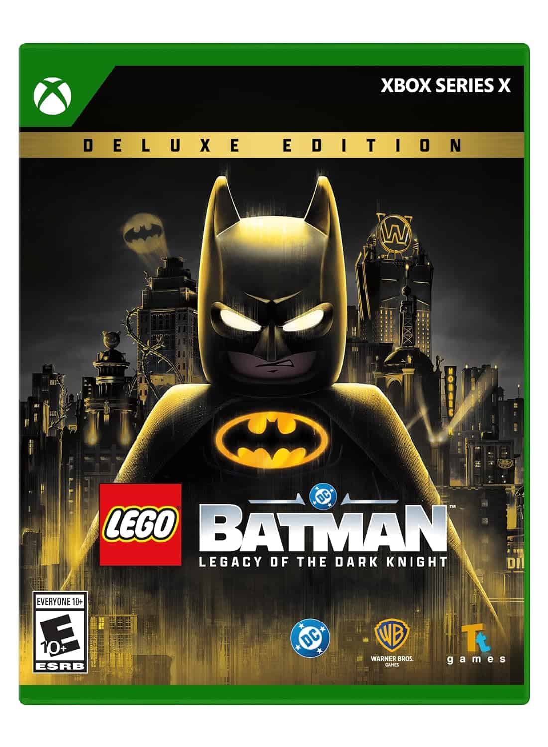 LEGO Batman game cover featuring Batman in Gotham City skyline.