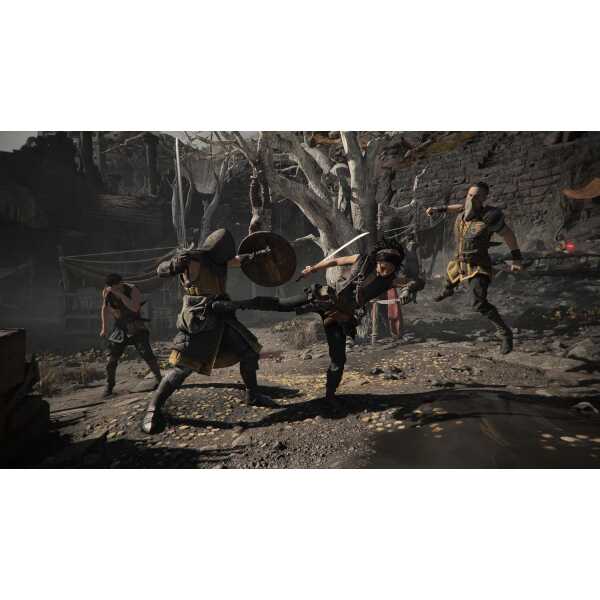 Intense battle scene from Resonance with warriors fighting in a dark, ruined environment.