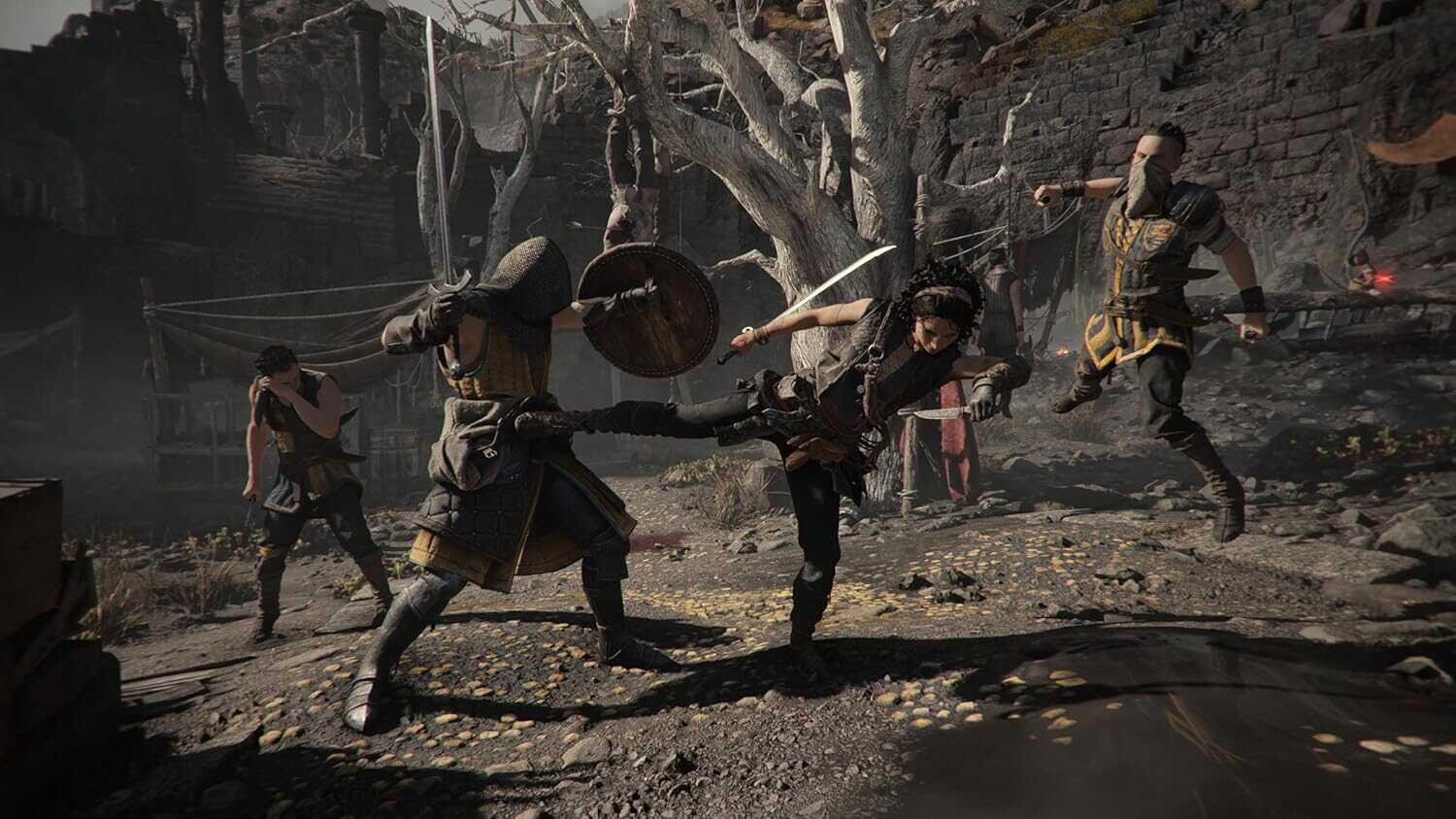 Intense battle scene from Resonance with warriors fighting in a dark, ruined environment.