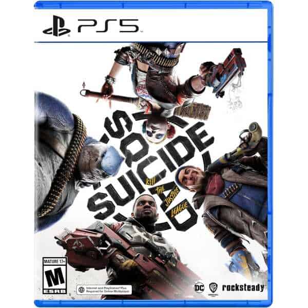 Kill the Justice League PS5 game cover featuring Harley Quinn, Deadshot, King Shark, and Captain Boo.